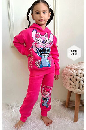 PJK3İ Stitch Desenli Fuşya 3 İp Şardonlu Kapşonlu %100 Pamuk Kız Çocuk Eşofman Takımı 3-10 Yaş 7335-F