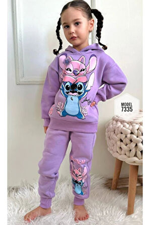 PJK3İ Stitch Desenli Lila 3 İp Şardonlu Kapşonlu %100 Pamuk Kız Çocuk Eşofman Takımı 3-10 Yaş 7335-L