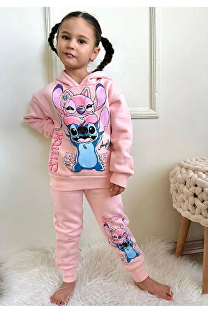 PJK3İ Stitch Desenli Somon 3 İp Şardonlu Kapşonlu %100 Pamuk Kız Çocuk Eşofman Takımı 3-10 Yaş 7335-S