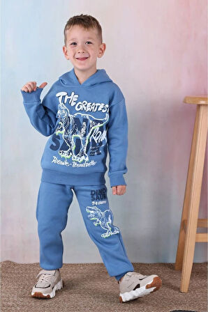 PJK3İ Dinazor Desenli Mavi 3 İp Şardonlu Kapşonlu %100 Pamuk Erkek Çocuk Eşofman Takımı 3-10 Yaş 7338-M