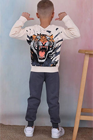 PJK3İ Arslan Desenli Yeşil 3 İp Şardonlu %100 Pamuk Erkek Çocuk Eşofman Takımı 3-10 Yaş 7340-Y