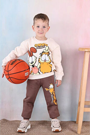 PJK3İ Garfield Desenli Kahverengi 3 İp Şardonlu %100 Pamuk Erkek Çocuk Eşofman Takımı 3-10 Yaş 7344-K