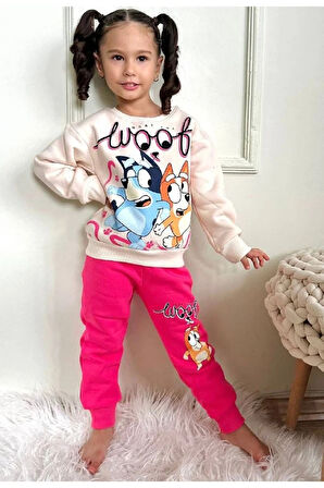 PJK3İ Bluey Woof Desenli Fuşya 3 İp Şardonlu %100 Pamuk Kız Çocuk Eşofman Takımı 3-10 Yaş 7346-F