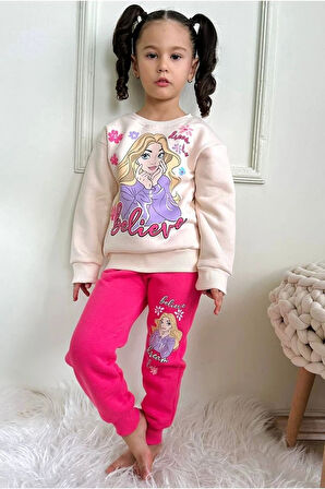 PJK3İ Believe Desenli Fuşya 3 İp Şardonlu %100 Pamuk Kız Çocuk Eşofman Takımı 3-10 Yaş 7348-F