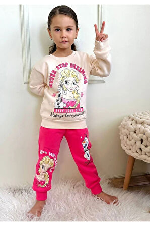 PJK3İ Frozen Elsa Desenli Fuşya 3 İp Şardonlu %100 Pamuk Kız Çocuk Eşofman Takımı 3-10 Yaş 7350-F
