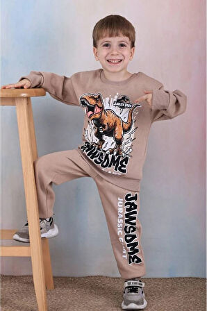 PJK3İ Dinazor Desenli Bej 3 İp Şardonlu %100 Pamuk Erkek Çocuk Eşofman Takımı 3-10 Yaş 7357-B