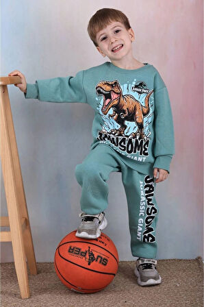 PJK3İ Dinazor Desenli Yeşil 3 İp Şardonlu %100 Pamuk Erkek Çocuk Eşofman Takımı 3-10 Yaş 7357-Y