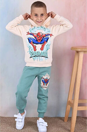 PJK3İ Örümcek Adam Desenli Yeşil 3 İp Şardonlu %100 Pamuk Erkek Çocuk Eşofman Takımı 3-10 Yaş 7359-Y