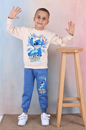 PJK3İ Hero Stitch Desenli Mavi 3 İp Şardonlu %100 Pamuk Erkek Çocuk Eşofman Takımı 3-10 Yaş 7361-M