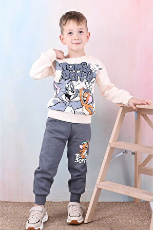 PJK3İ Tom&Jerry Desenli Füme 3 İp Şardonlu %100 Pamuk Erkek Çocuk Eşofman Takımı 3-10 Yaş 7392-F