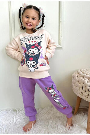 PJK3İ Kuromi Desenli Lila 3 İp Şardonlu %100 Pamuk Kız Çocuk Eşofman Takımı 3-10 Yaş 7777-L