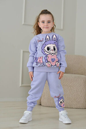 PJK3İ Labubu Desenli 3 İp Şardonlu %100 Pamuk Kız Çocuk Eşofman Takımı 3-10 Yaş 8242