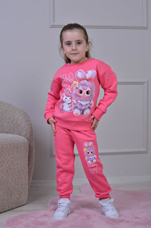 PJK3İ Baby Desenli 3 İp Şardonlu %100 Pamuk Kız Çocuk Eşofman Takımı 3-10 Yaş 8247