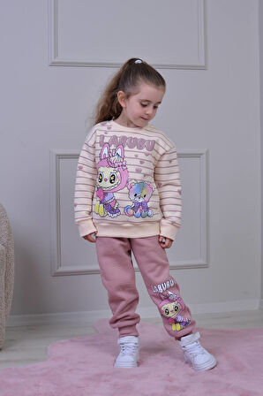 PJK3İ Labubu Desenli 3 İp Şardonlu %100 Pamuk Kız Çocuk Eşofman Takımı 3-10 Yaş 8249