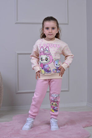 PJK3İ Labubu Desenli 3 İp Şardonlu %100 Pamuk Kız Çocuk Eşofman Takımı 3-10 Yaş 8249