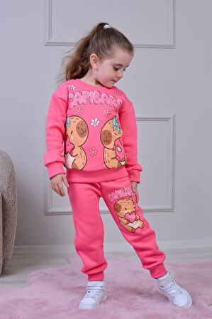 PJK3İ Capıbara Desenli 3 İp Şardonlu %100 Pamuk Kız Çocuk Eşofman Takımı 3-10 Yaş 8251