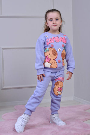 PJK3İ Capıbara Desenli 3 İp Şardonlu %100 Pamuk Kız Çocuk Eşofman Takımı 3-10 Yaş 8251