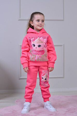 PJK3İ Balarina Capicino Kız Desenli 3 İp Şardonlu Kapşonlu %100 Pamuk Kız Çocuk Eşofman Takımı 3-10 Yaş 8252