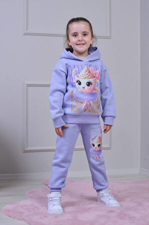 PJK3İ Balarina Capicino Kız Desenli 3 İp Şardonlu Kapşonlu %100 Pamuk Kız Çocuk Eşofman Takımı 3-10 Yaş 8252