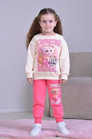 PJK3İ Balerina Capicino Desenli 3 İp Şardonlu %100 Pamuk Kız Çocuk Eşofman Takımı 3-10 Yaş 8253