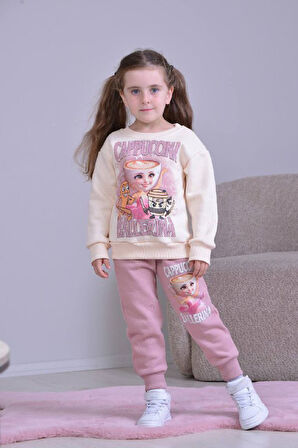 PJK3İ Balerina Capicino Desenli 3 İp Şardonlu %100 Pamuk Kız Çocuk Eşofman Takımı 3-10 Yaş 8253