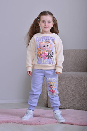 PJK3İ Balerina Capicino Desenli 3 İp Şardonlu %100 Pamuk Kız Çocuk Eşofman Takımı 3-10 Yaş 8253