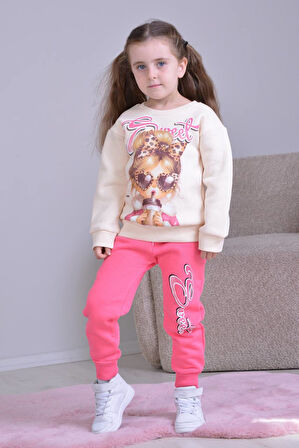 PJK3İ Gözlüklü Kız Desenli 3 İp Şardonlu %100 Pamuk Kız Çocuk Eşofman Takımı 3-10 Yaş 8254