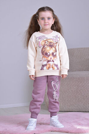 PJK3İ Gözlüklü Kız Desenli 3 İp Şardonlu %100 Pamuk Kız Çocuk Eşofman Takımı 3-10 Yaş 8254