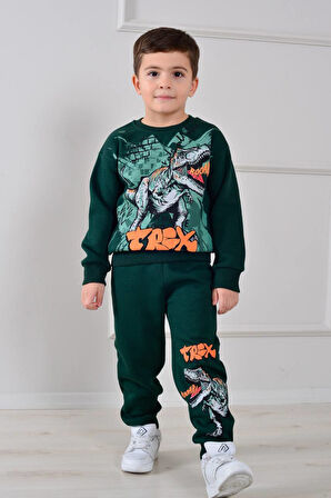 PJK3İ Trex Dinozor Desenli 3 İp Şardonlu %100 Pamuk Erkek Çocuk Eşofman Takımı 3-10 Yaş 8259
