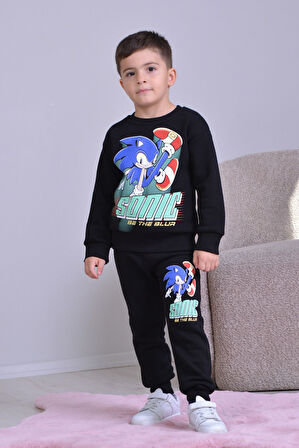 PJK3İ Sonic Desenli 3 İp Şardonlu %100 Pamuk Erkek Çocuk Eşofman Takımı 3-10 Yaş 8260