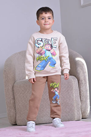 PJK3İ Minec Desenli 3 İp Şardonlu %100 Pamuk Erkek Çocuk Eşofman Takımı 3-10 Yaş 8264