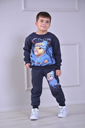 PJK3İ Capy Baba Desenli 3 İp Şardonlu %100 Pamuk Erkek Çocuk Eşofman Takımı 3-10 Yaş 8267