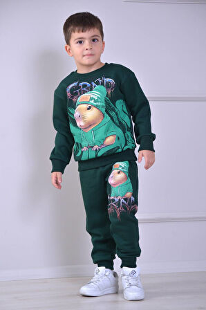 PJK3İ Capy Baba Desenli 3 İp Şardonlu %100 Pamuk Erkek Çocuk Eşofman Takımı 3-10 Yaş 8267