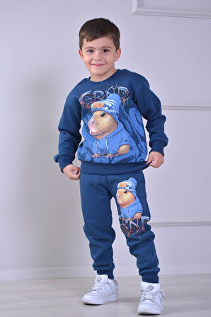 PJK3İ Capy Baba Desenli 3 İp Şardonlu %100 Pamuk Erkek Çocuk Eşofman Takımı 3-10 Yaş 8267