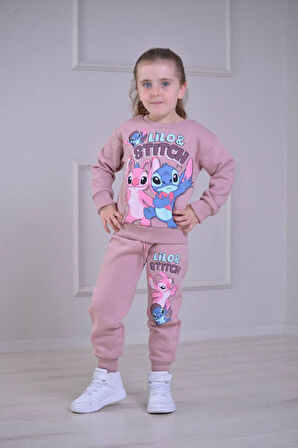 PJK3İ Stittcch Desenli 3 İp Şardonlu %100 Pamuk Kız Çocuk Eşofman Takımı 3-10 Yaş 8276