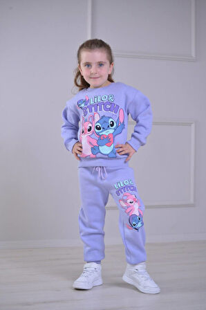 PJK3İ Stittcch Desenli 3 İp Şardonlu %100 Pamuk Kız Çocuk Eşofman Takımı 3-10 Yaş 8276