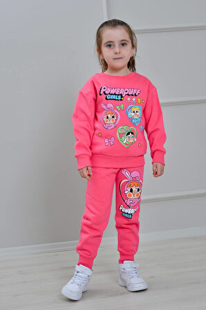PJK3İ Powerpuff Desenli 3 İp Şardonlu %100 Pamuk Kız Çocuk Eşofman Takımı 3-10 Yaş 8285