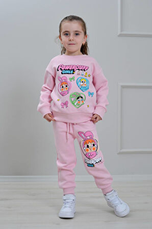 PJK3İ Powerpuff Desenli 3 İp Şardonlu %100 Pamuk Kız Çocuk Eşofman Takımı 3-10 Yaş 8285