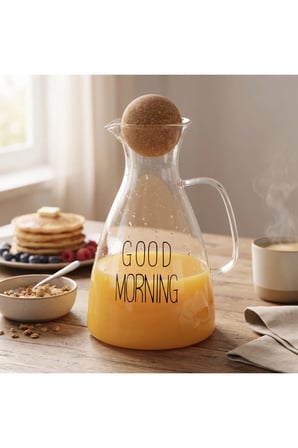5 Adet Cam Sürahi – 1500 ML Mantar Kapaklı, Şeffaf Good Morning Tasarımlı Ergonomik Kulplu Pitcher Jug Carafe