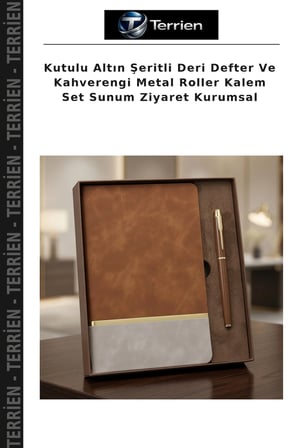 Kutulu Altın Şeritli Deri Defter Ve Kahverengi Metal Roller Kalem Set Sunum Ziyaret Kurumsal
