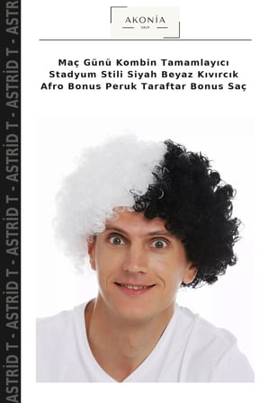 Maç Günü Kombin Tamamlayıcı Stadyum Stili Siyah Beyaz Kıvırcık Afro Bonus Peruk Taraftar Bonus Saç