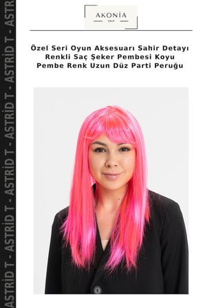 Özel Seri Oyun Aksesuarı Sahir Detayı Renkli Saç Şeker Pembesi Koyu Pembe Renk Uzun Düz Parti Peruğu