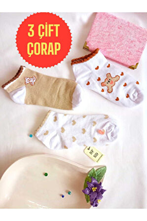 3 ÇİFT DİKİŞSİZ PATİK ÇORAP KADIN PAMUKLU KISA KONÇ DESENLİ ÇORABI BEYAZ KAHVE 36-40
