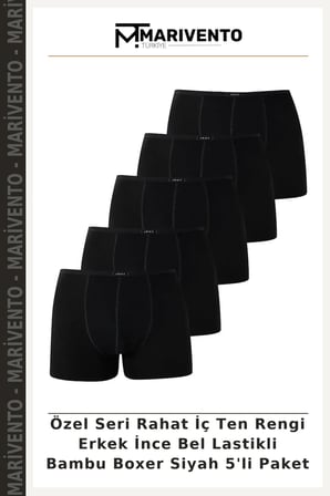Özel Seri Rahat İç Ten Rengi Erkek İnce Bel Lastikli Bambu Boxer Siyah 5'li Paket
