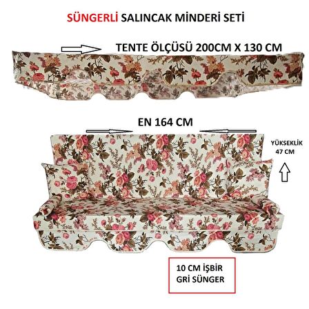 Süngerli  Salıncak Minder Seti Tenteli  3 Kişilik  10 CM sünger 164X47  İngiliz Gülü