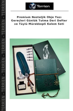 Premium Nostaljik Obje Yazı Gereçleri Günlük Tutma Deri Defter ve Tüylü Mürekkepli Kalem Seti