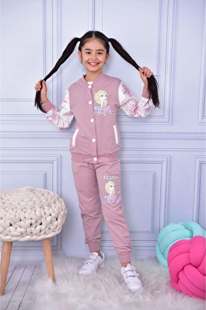 Frozen Kolej Hırkalı 3lü İçi Kısa Kollu Kız Çocuk Takım Gül Kurusu 6018