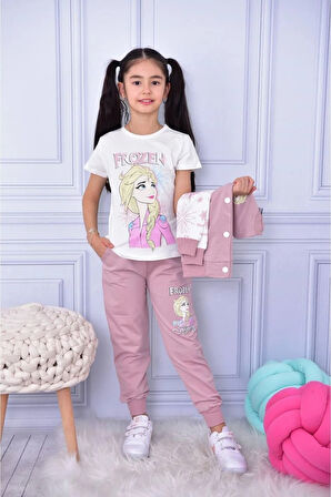 Frozen Kolej Hırkalı 3lü İçi Kısa Kollu Kız Çocuk Takım Gül Kurusu 6018