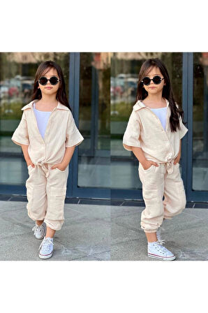 3lü Müslin Gömlek, Askılı Badi, Pantolonlu Kız Takım Ekru 4-12 Yaş 7029-E