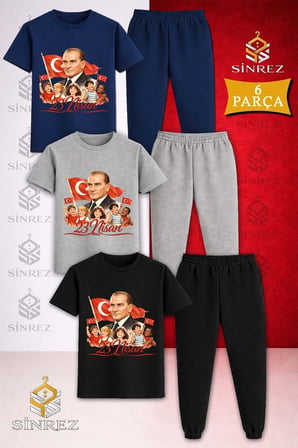 Çocuk ATA VE COKLU COCUK 23 NISAN Baskılı 3Lü Tişort Eşofman Takımı
